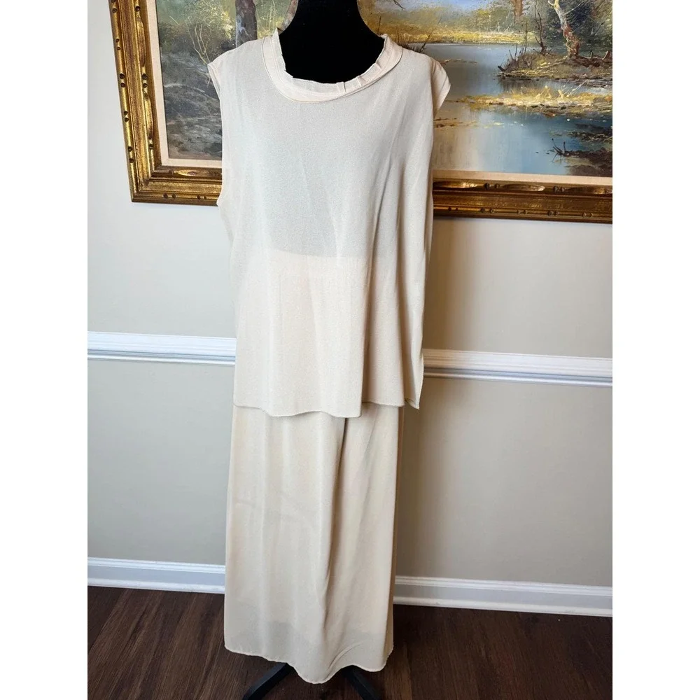Lu Los Angeles 3 Piece Set XL Beige‎ Maxi Skirt Top Floral Sheer Duster USA
